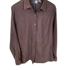 Classic Elements Womens Large Brown Faux Suede Button Up Shirt Long Sleeve